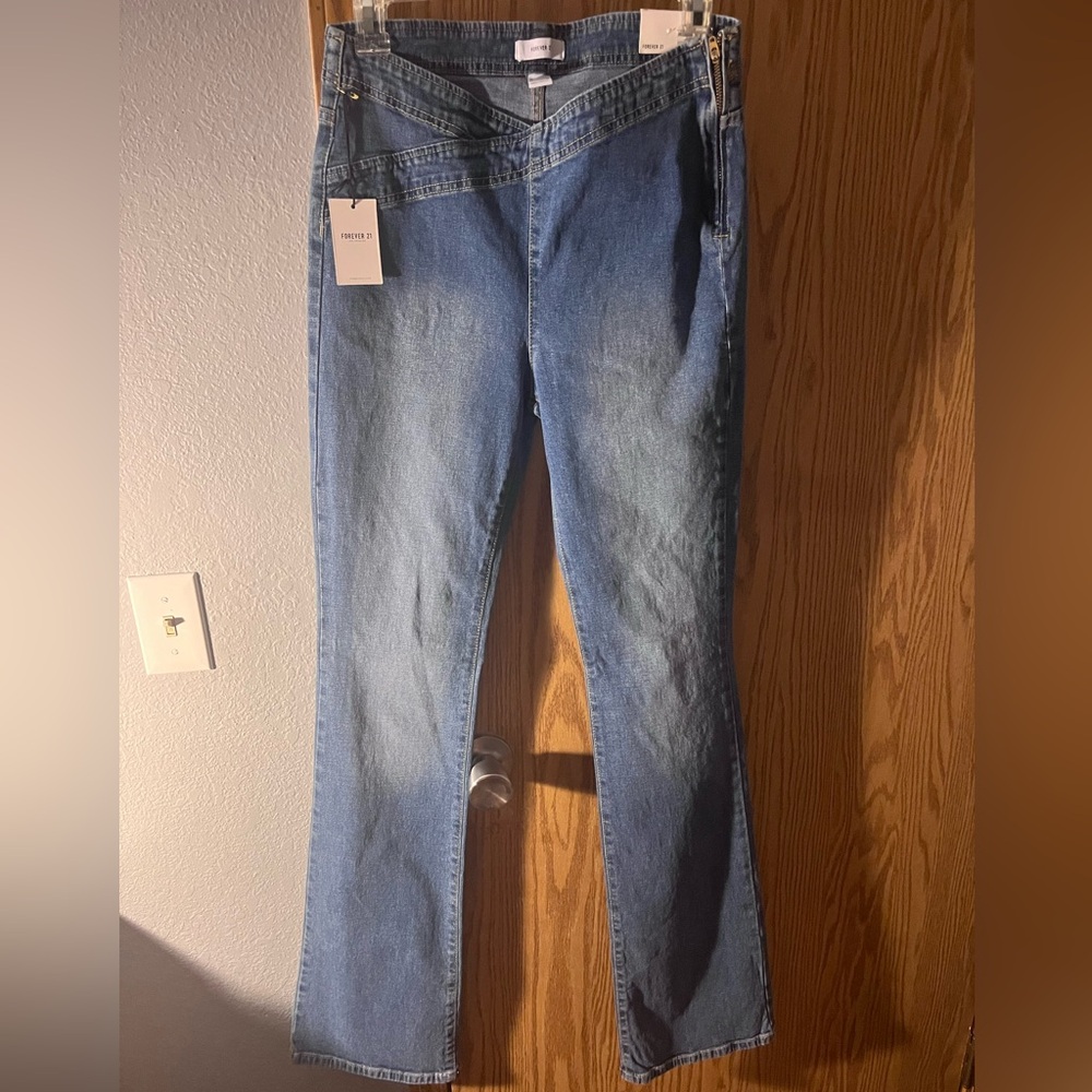 LT Low Rise Cross Front Jeans Zip Side Denim Pant Pockets Slight Flare Bootcut